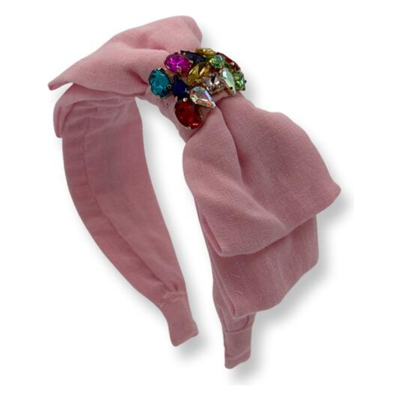 Linen Jeweled Bow Headband - Pink