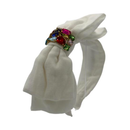 Linen Jeweled Bow Headband - White