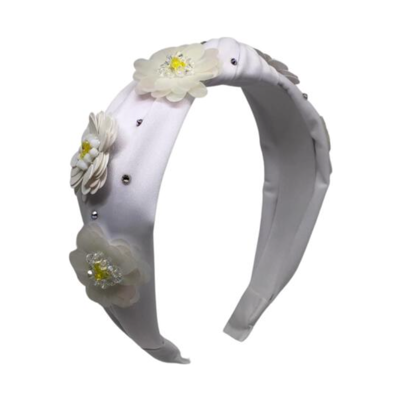 Sequine Flower Knot Headband - White