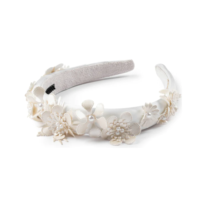 Dalia Pearl Flower Embellished Satin Headband - White